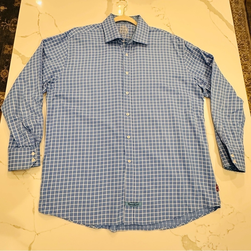 English Laundry Checked Button Down Dress Shirt Men 17.5 34/35 Blue Long Sleeve